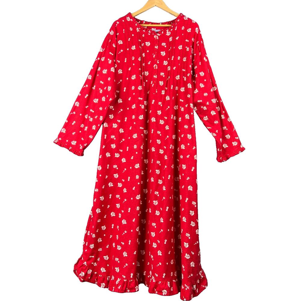 Only Necessities Flannel Nightgown 3X 30/32 Red Floral Cottagecore Ruffle Maxi